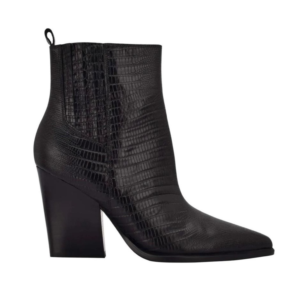 NIB Marc Fisher Mariel Block Heel Zip Booties in Black Croco